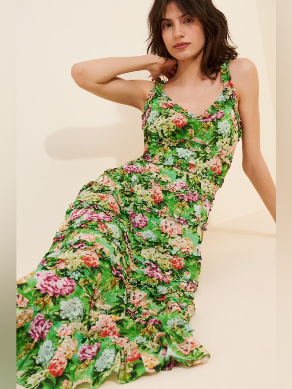 Mac Duggal Floral Square-Neck Ruffle Cotton Midi Dress NWT Size 10